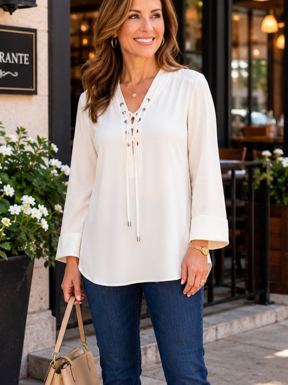 Tribal White Lace-Up V-Neck Blouse Medium 3/4 Sleeves
